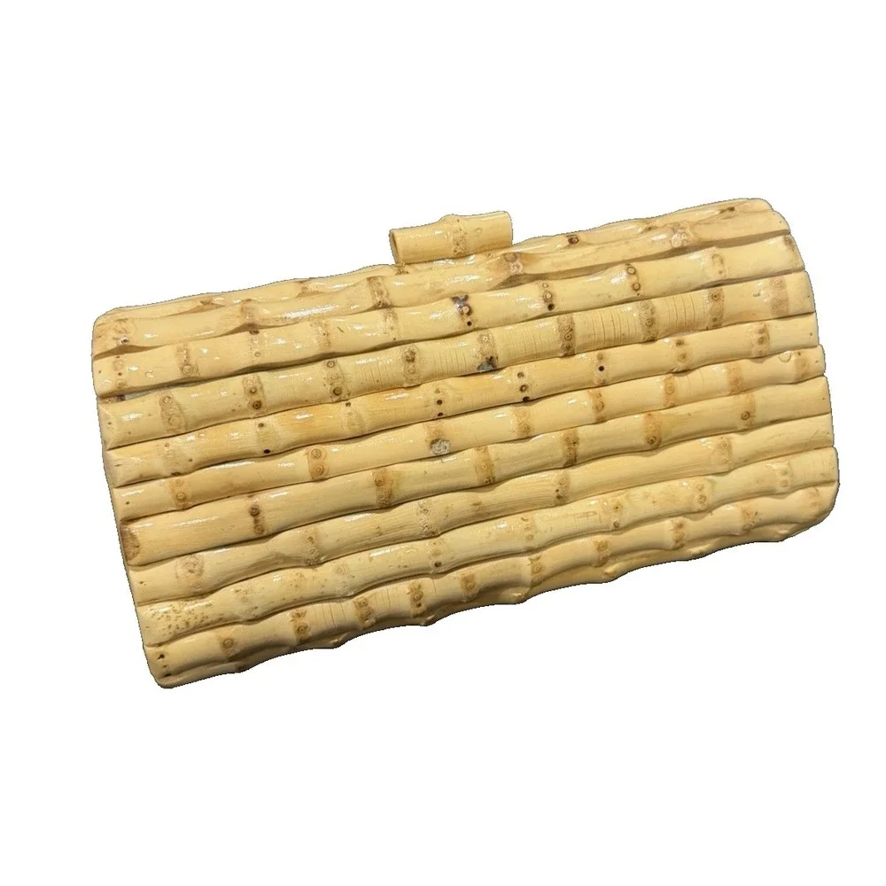J. McLaughlin Woven Rattan Bamboo  Kendra Clutch Purse Natural Tan Handbag